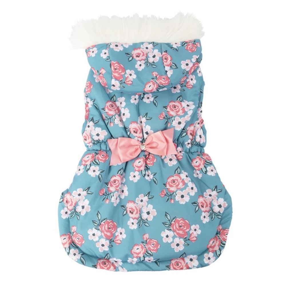 Vibrant Life Size Small Blue Polyester Fog Coat Pink Flowers Bow and Rhinestone